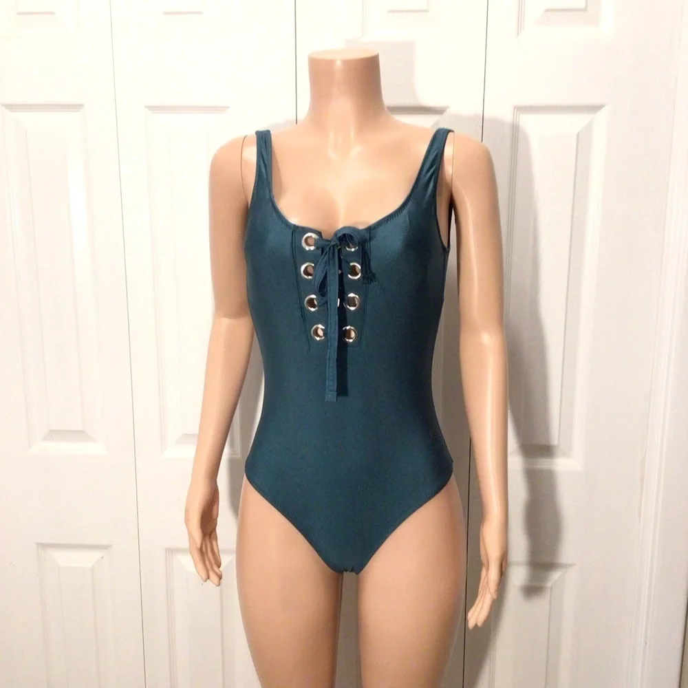 Mossimo Womens Green Grommet Lace Up One Piece Swimsuit Size Small